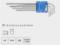 HOEGERT Набор шестигранных  экстра длинных Г-образных ключей 1,5-10 мм, S2, 9 шт.